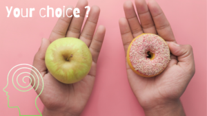 Hands showing an Apple and in the other a donut