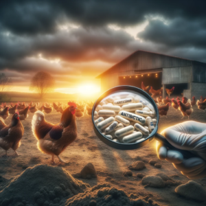 Farm with chickens in a dark scene, magnifying glass looking at antibiotics